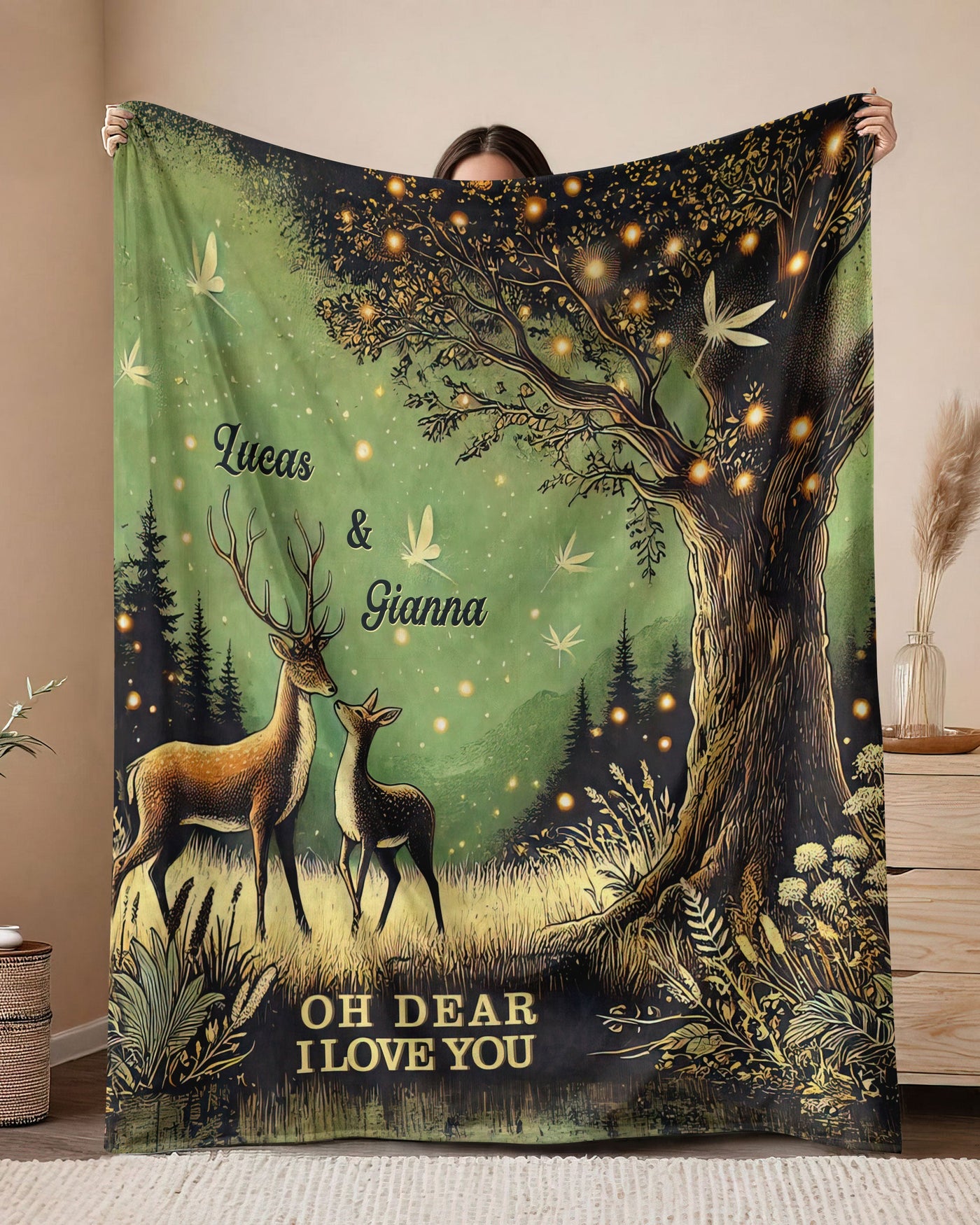 BLISSCORNERS PERSONALIZED OH DEAR I LOVE YOU DEER COUPLE FLEECE BLANKET