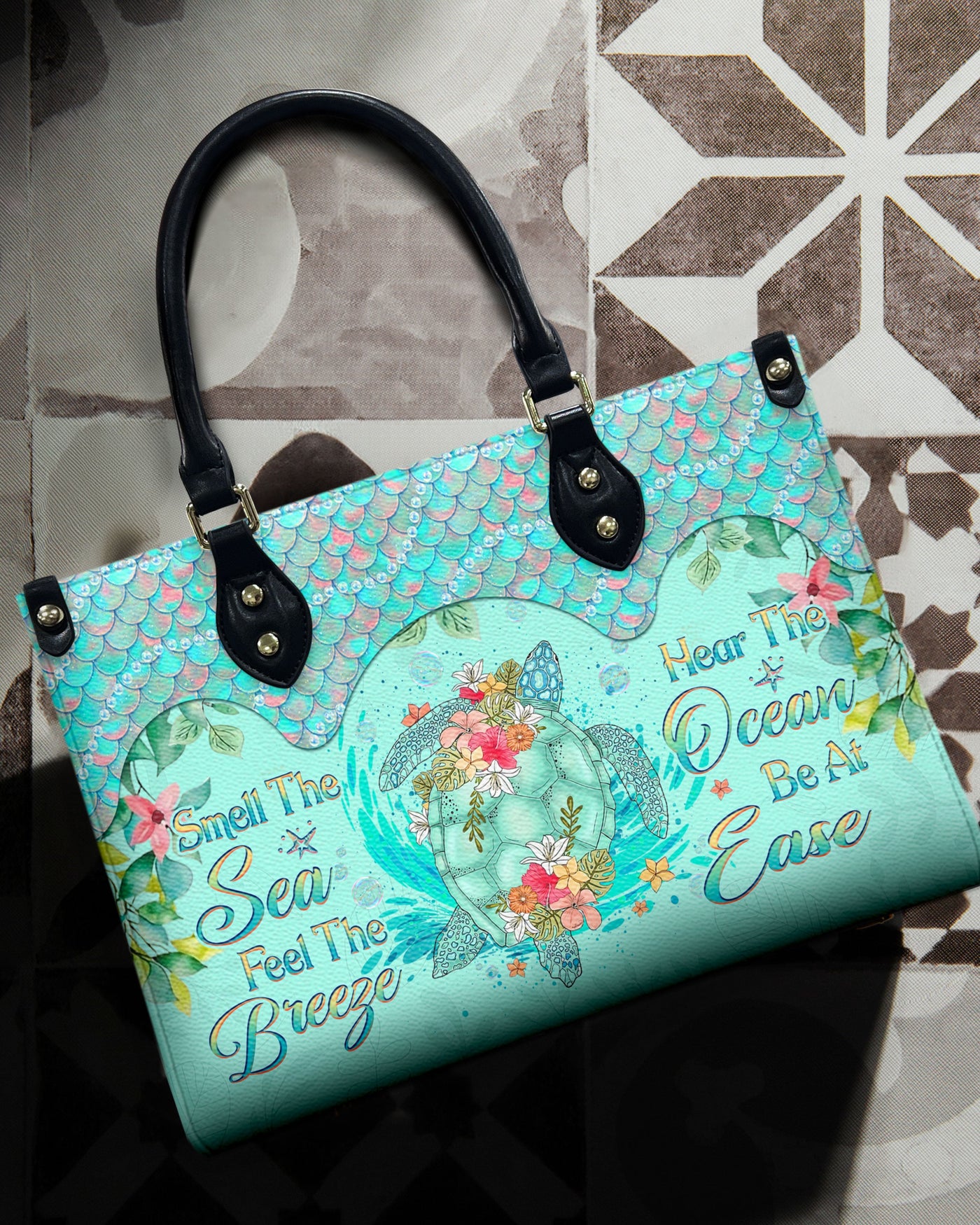 BLISSCORNERS SMELL THE SEA FEEL THE BREEZE TURTLE LEATHER HANDBAG