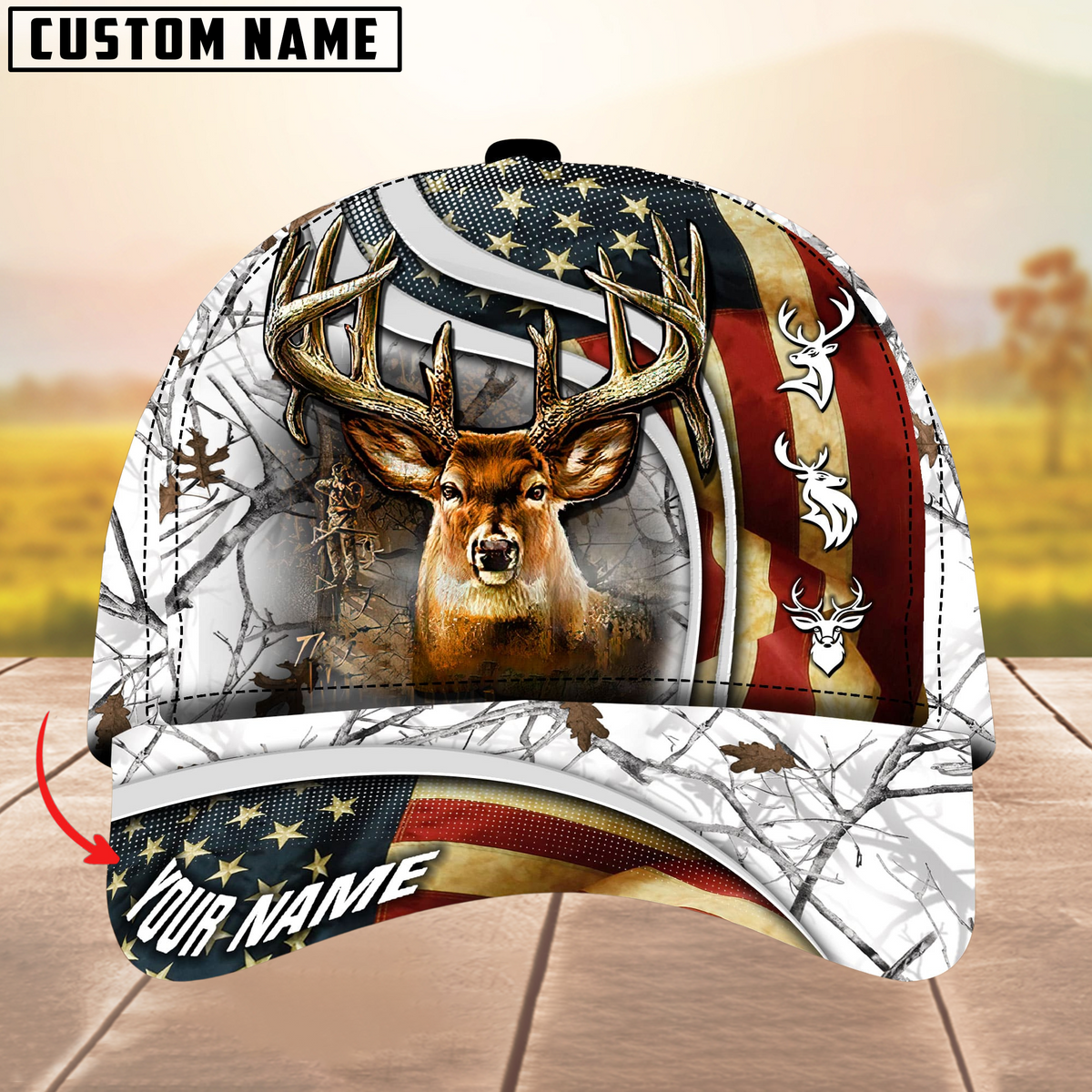 Blisscorners USA Flag Deer Hunting Camouflage Pattern Multicolor Personalized Name 3D Cap
