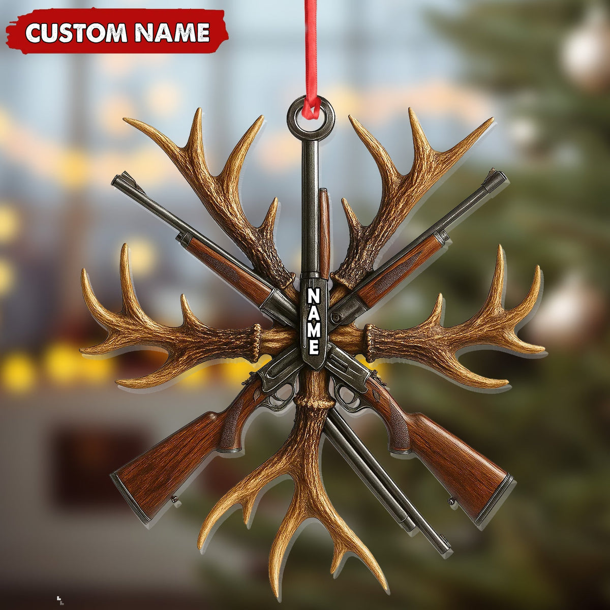 Blisscorners Custom Name Hunting Ornament, Antlers and Rifles Christmas Decor for Hunters LM0411