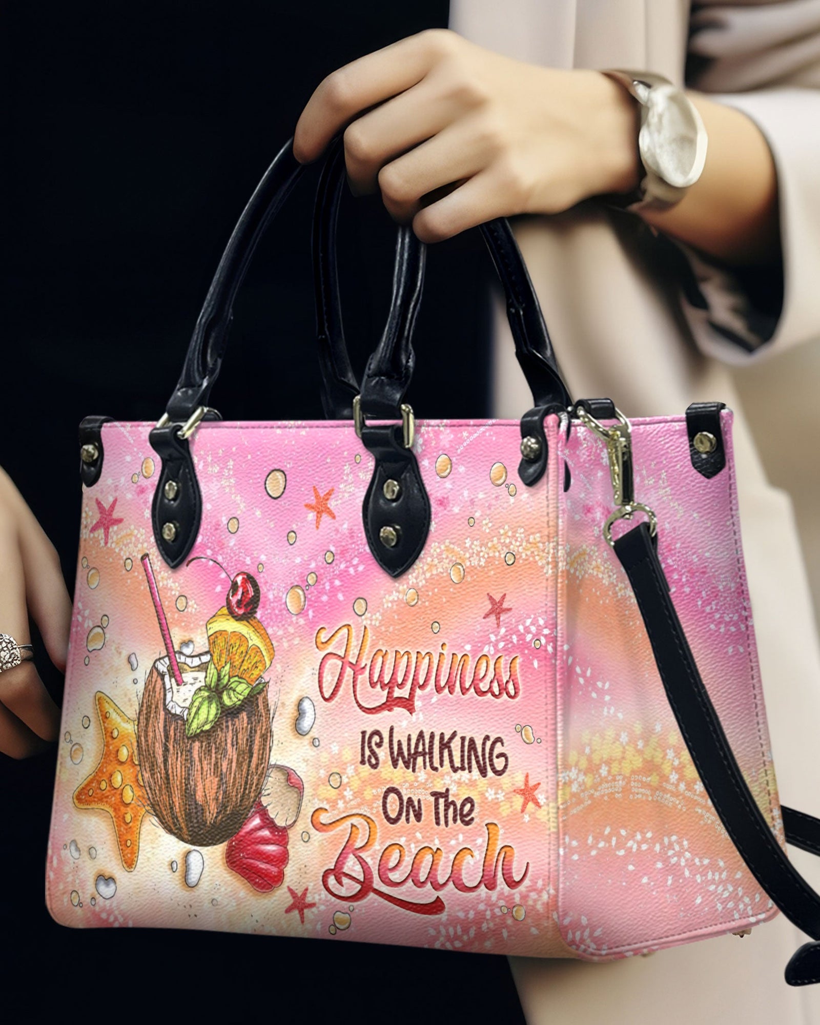 BLISSCORNERS HAPPINESS IS WALKING ON THE BEACH LEATHER HANDBAG