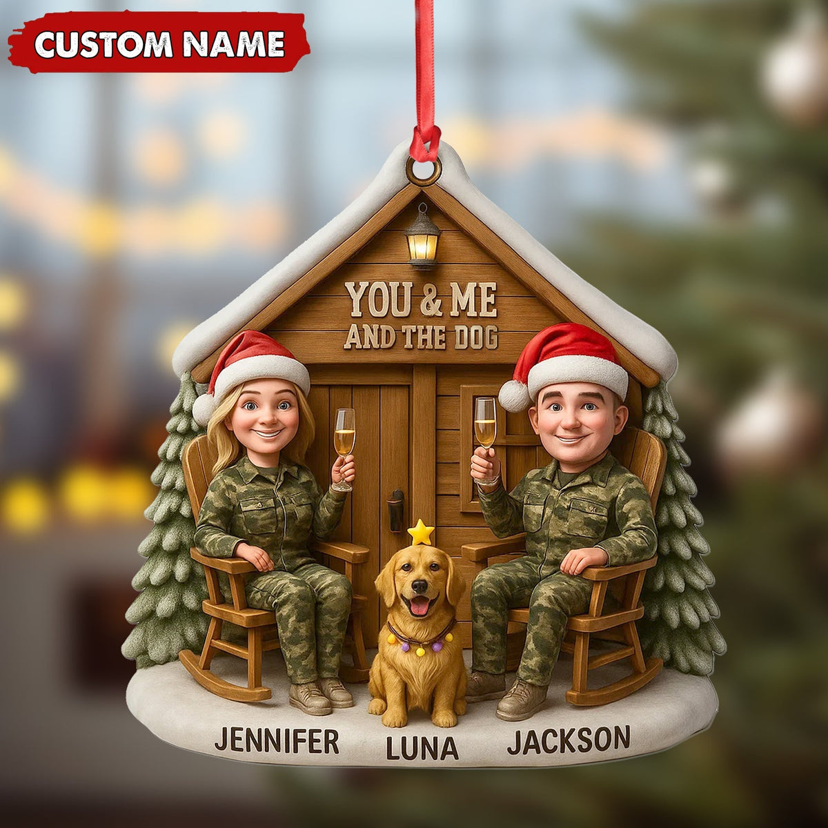 Blisscorners Personalized Hunter Couple Dog Christmas Ornament, Custom Name -You and Me and the DogCabin, Cute Hunting Family Pet Lover Gift