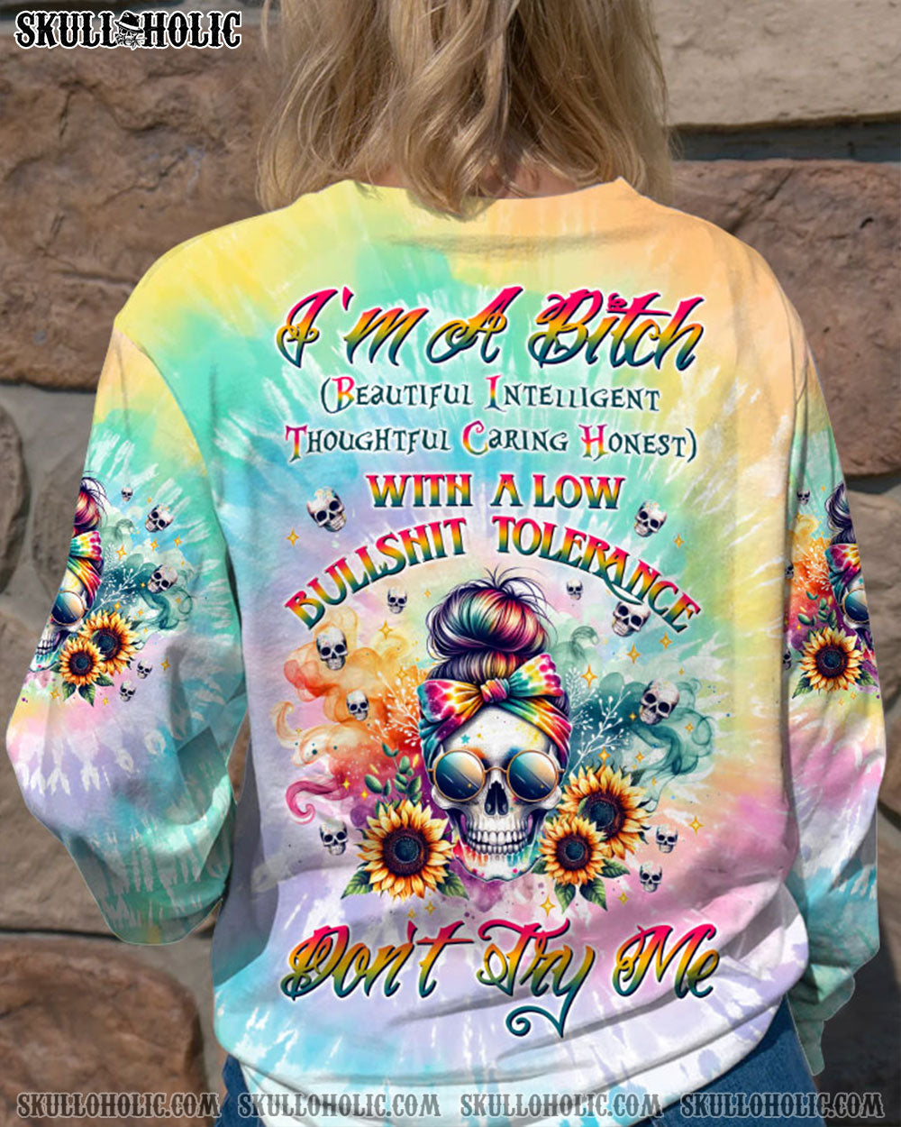 BLISSCORNERS SHE IS SUNSHINE SKULL MESSY BUN ALL OVER PRINT