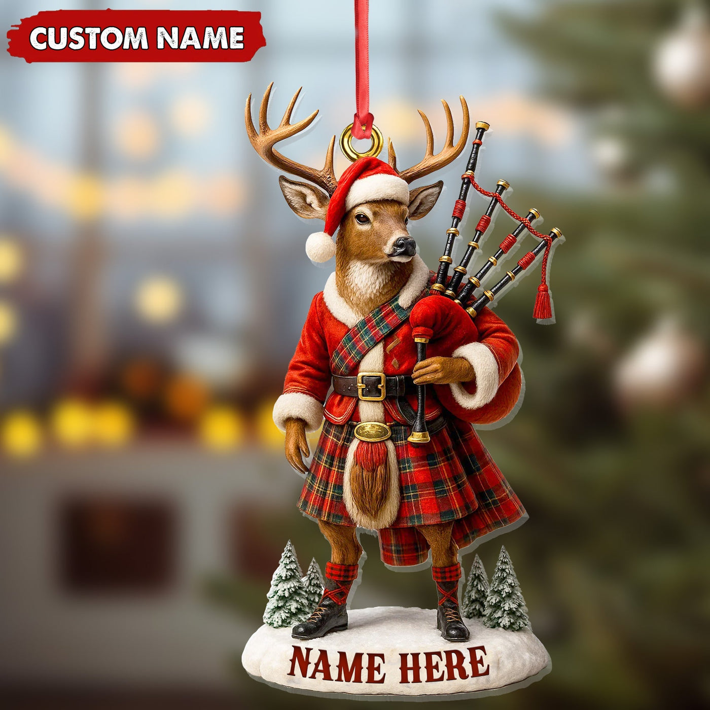 Blisscorners Personalized Scottish Deer Ornament, Custom Name Highland Bagpiper Christmas Decoration

 LM0411