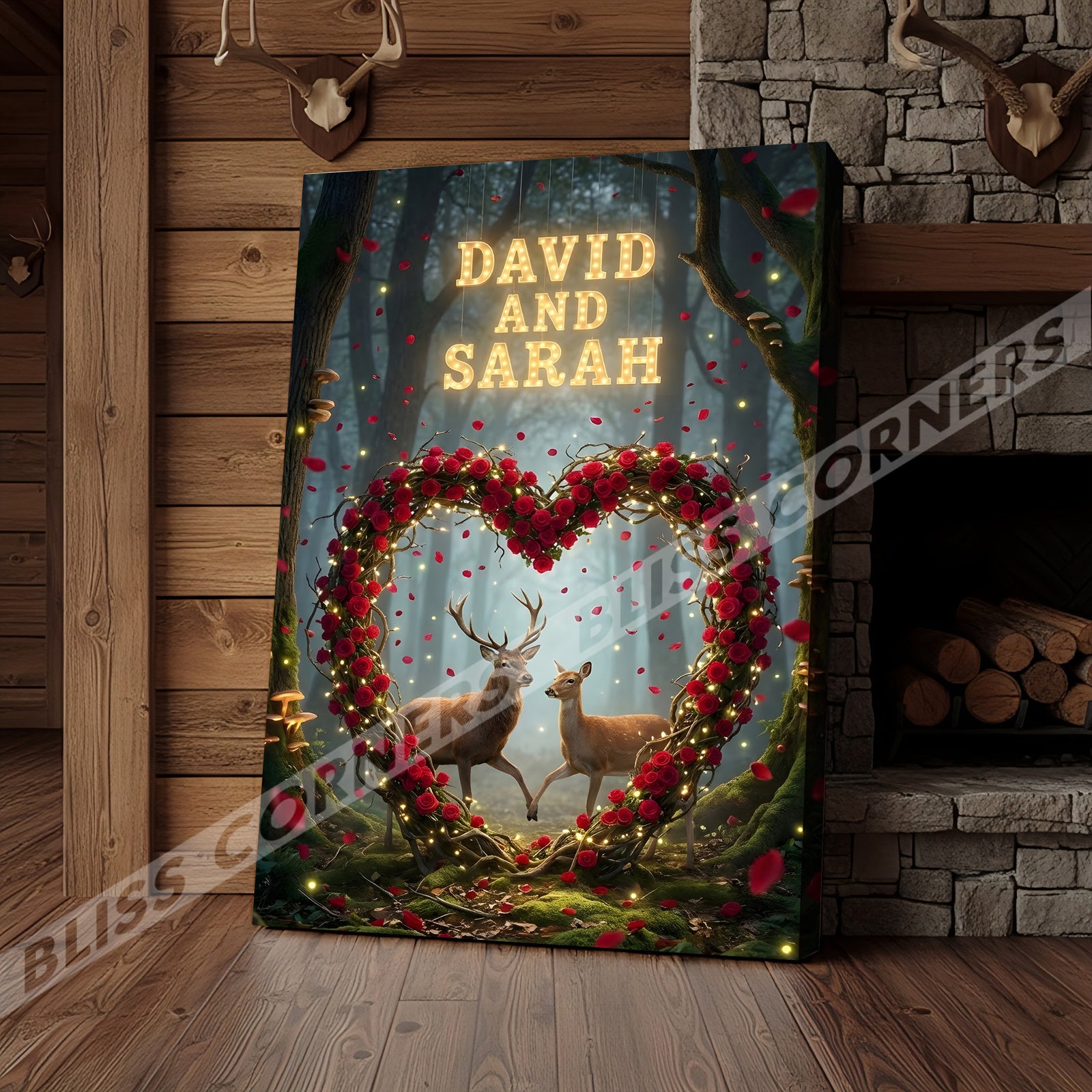 Blisscorners Enchanted Deer Couple Rose Heart Woodland Personalized Name Canvas