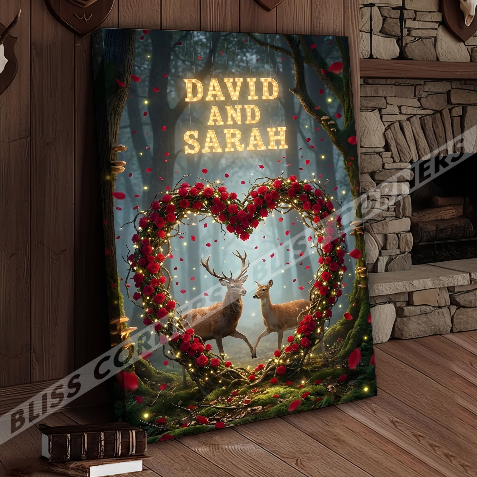 Blisscorners Enchanted Deer Couple Rose Heart Woodland Personalized Name Canvas