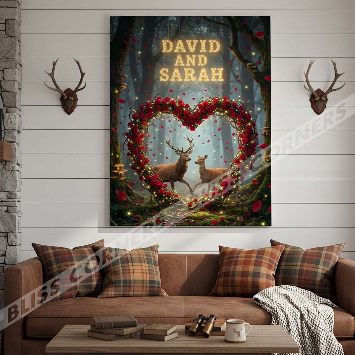 Blisscorners Enchanted Deer Couple Rose Heart Woodland Personalized Name Canvas