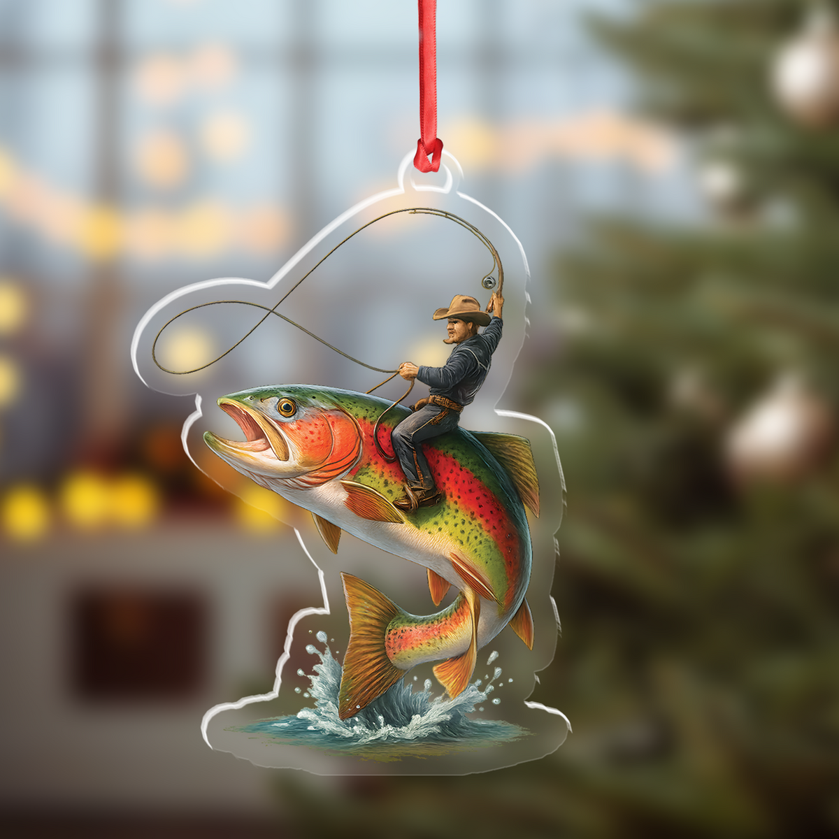 Blisscorners Personalized Funny Fishing Acrylic Ornament - Cowboy Riding Fish Christmas Decoration for Fishermen LM0411