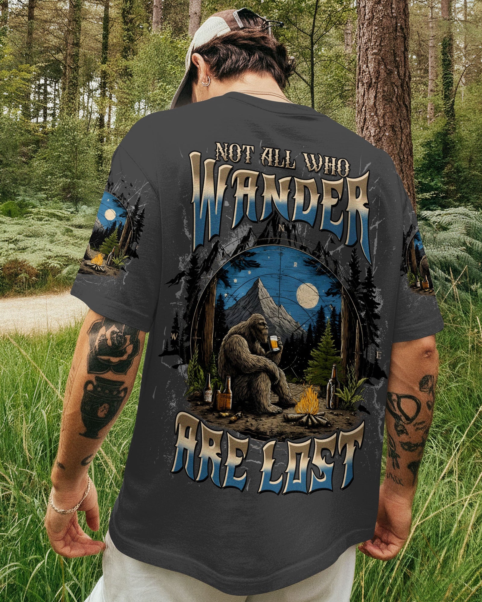 BLISSCORNERS NOT ALL WHO WANDER ARE LOST BIGFOOT COMPASS ALL OVER PRINT