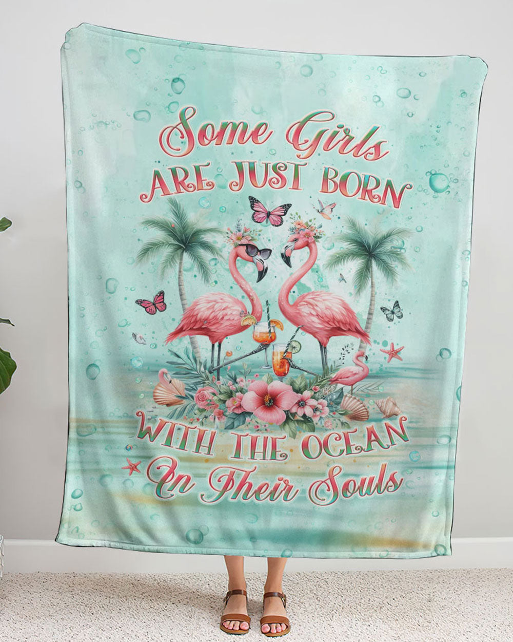 BLISSCORNERS SOME GIRLS ARE JUST BORN FLAMINGO WOVEN AND FLEECE BLANKET