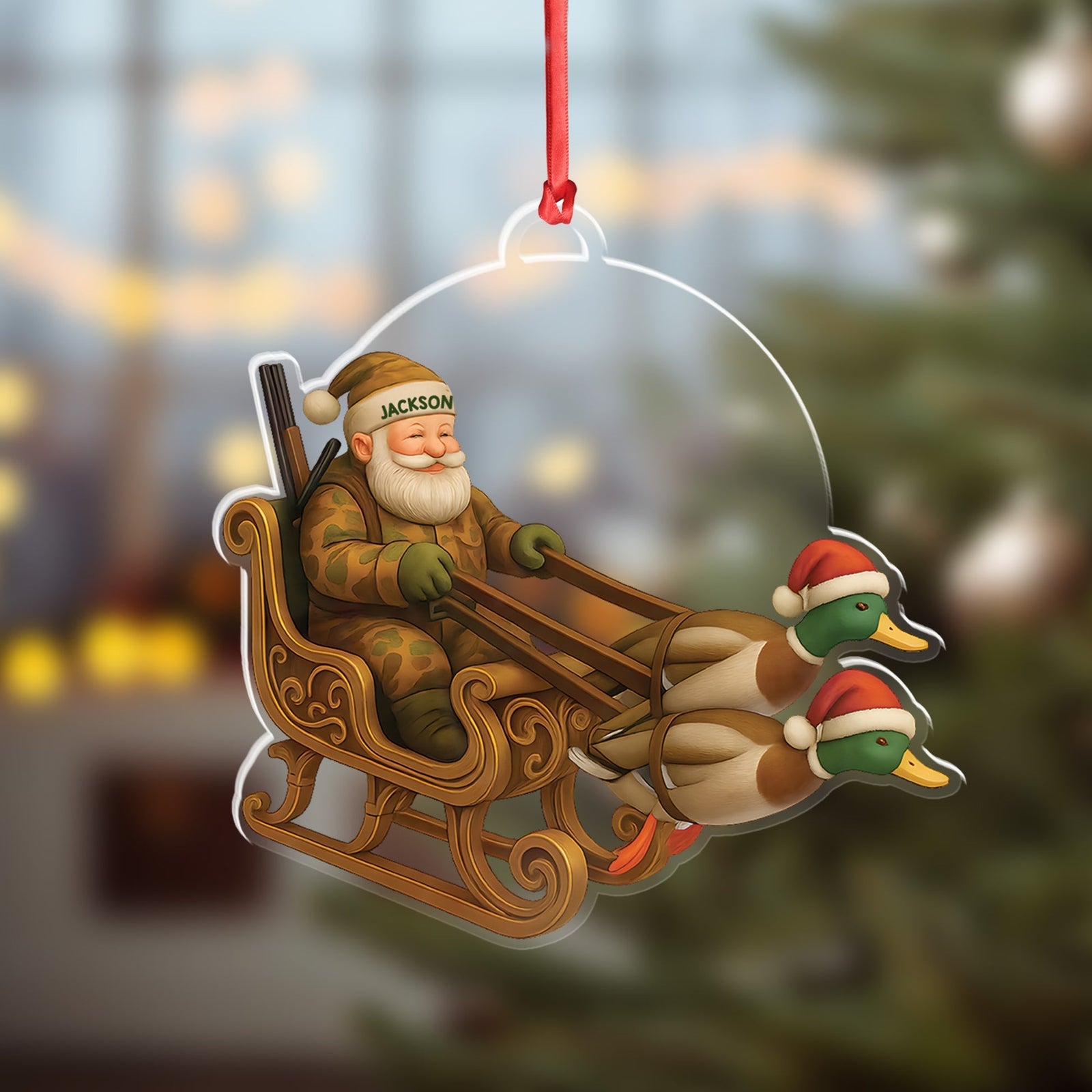 Blisscorners Personalized Funny Santa Hunter Acrylic Ornament- Duck Hunting Christmas Wall Art, Santa Claus with Ducks Sleigh, Custom Hunter Gift for Men LM0411