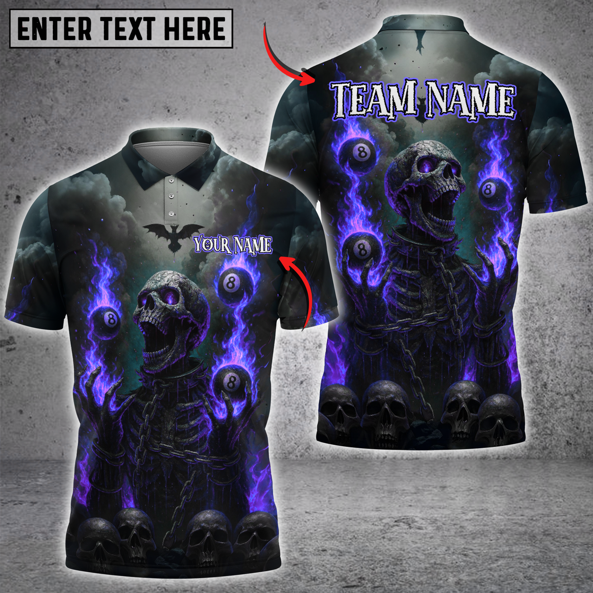 Blisscorners Billiards Fiery Skeleton with 8-Balls Multicolor Customized Name, Team Name 3D Shirt