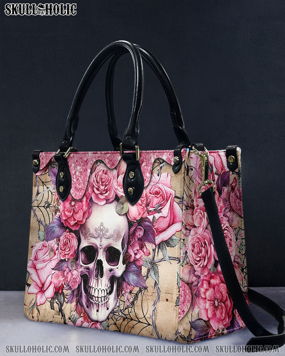 BLISSCORNERS PINK ROSE SKULL LEATHER HANDBAG
