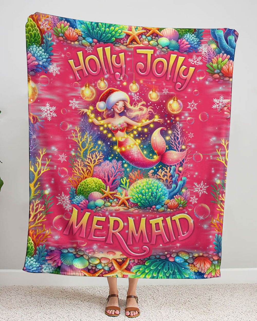 BLISSCORNERS HOLLY JOLLY MERMAID CHRISTMAS WOVEN AND FLEECE BLANKET