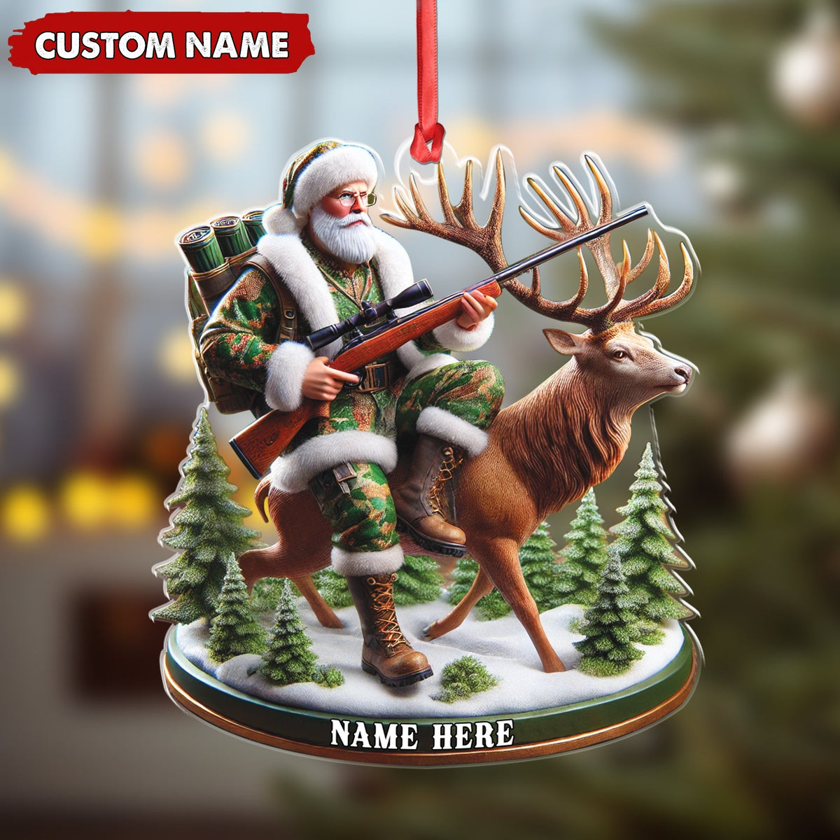 Blisscorners Personalized Acrylic Hunter Santa Riding Deer Christmas Ornament - Custom Hunting Gift Decoration LM0110