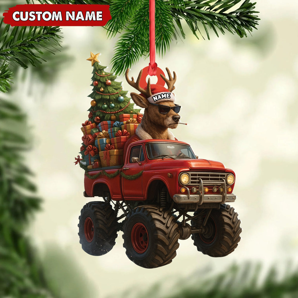 Blisscorners Personalized Funny Deer Truck Acrylic Christmas Ornament - Custom Name Gift for Hunters & Outdoor Lovers LM0411