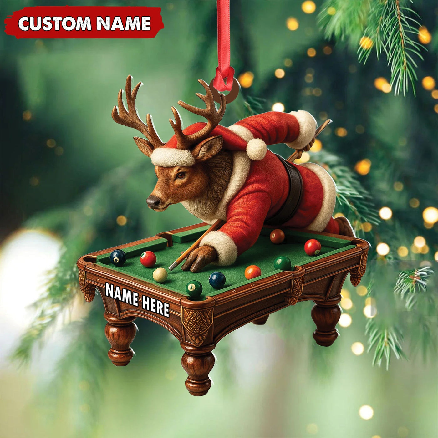 Blisscorners Personalized Acrylic Deer Christmas Ornament - Funny Buck Playing Pool in Santa Outfit Holiday Decor LM0110