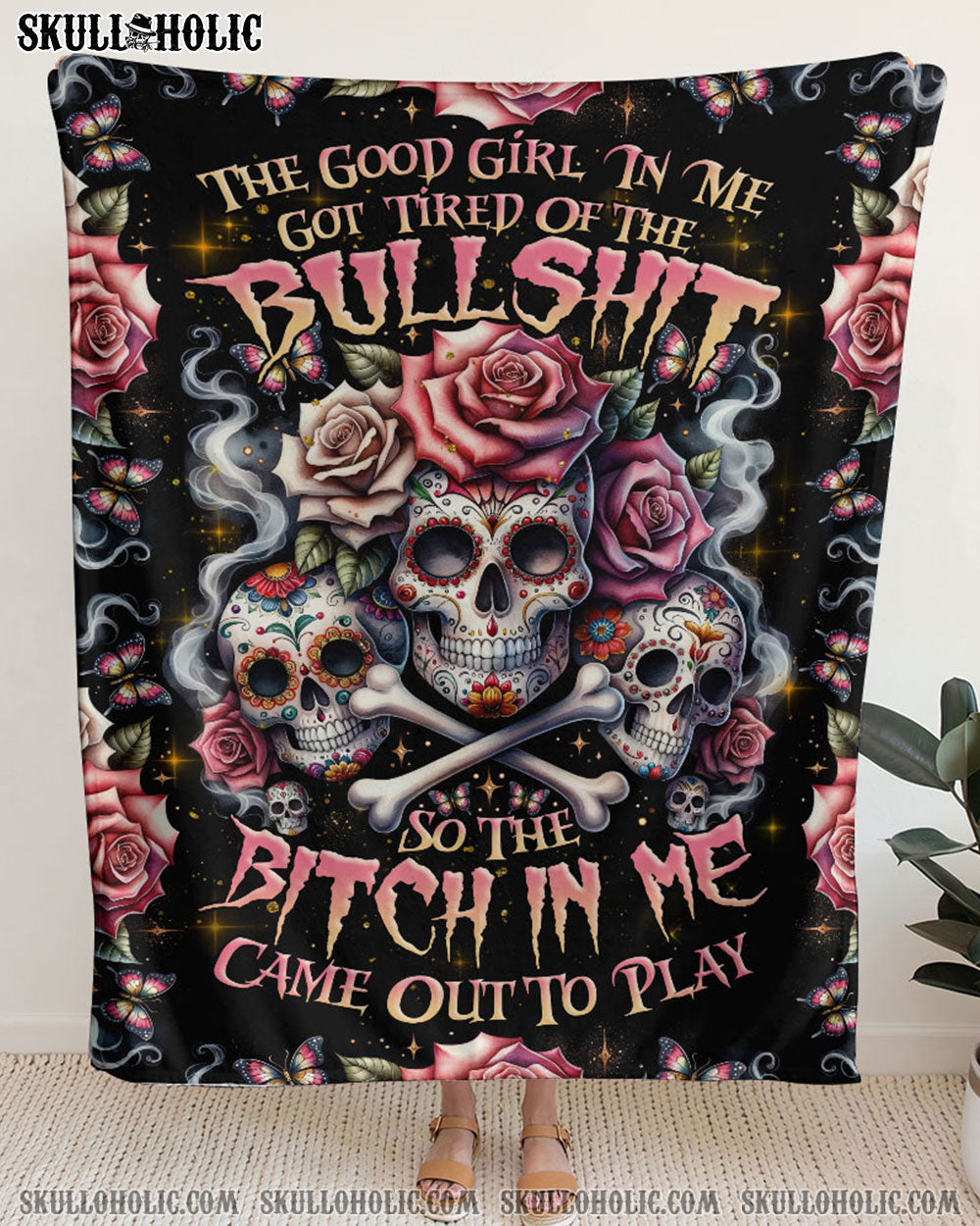 BLISSCORNERS THE GOOD GIRL IN ME BONES SUGAR SKULL WOVEN AND FLEECE BLANKET
