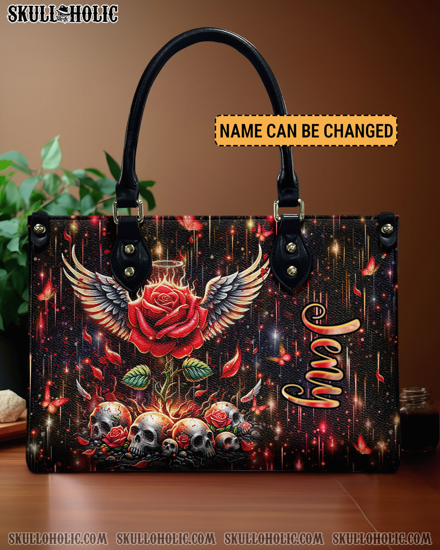 BLISSCORNERS SKULL ROSE WINGS LEATHER HANDBAG