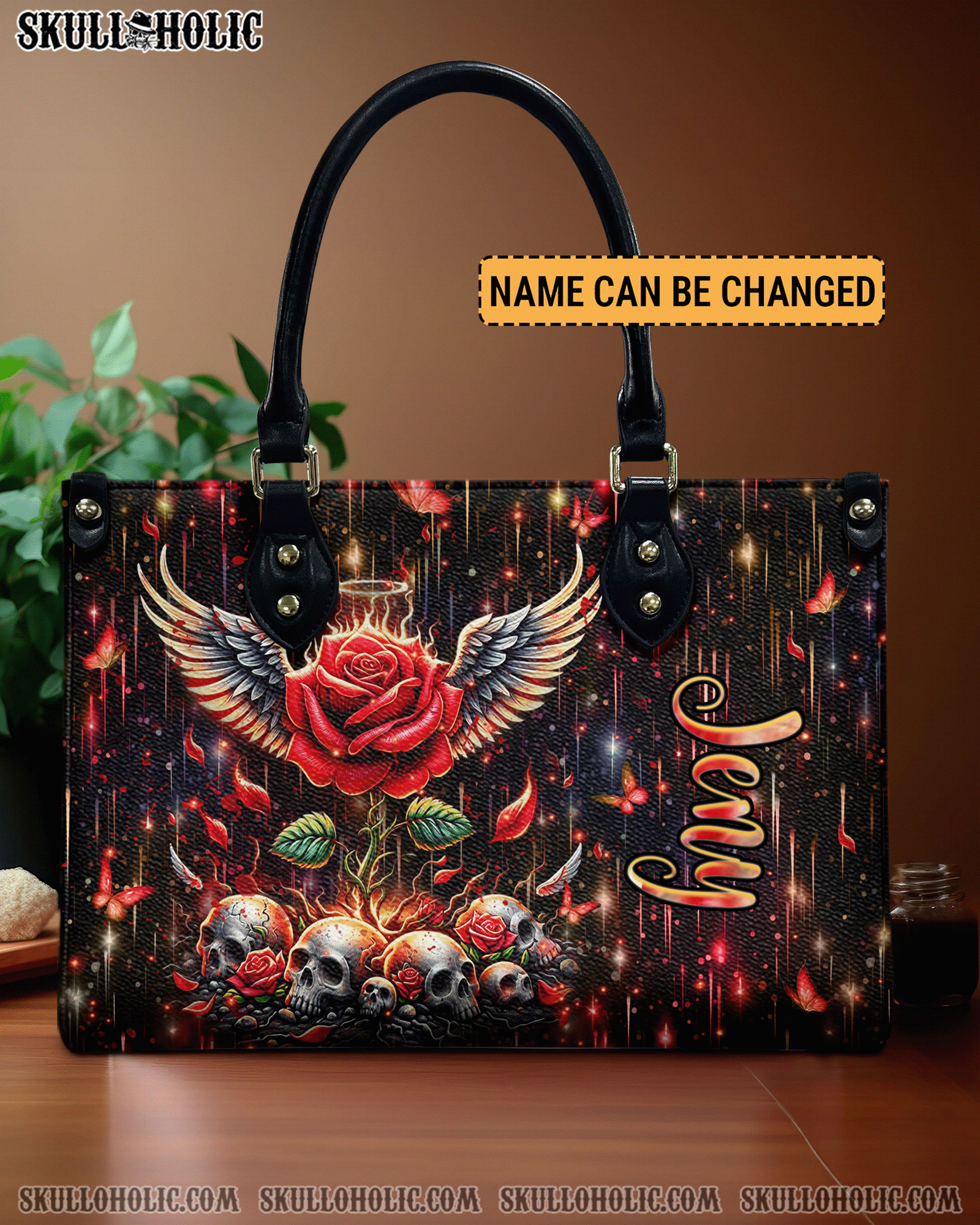 BLISSCORNERS SKULL ROSE WINGS LEATHER HANDBAG
