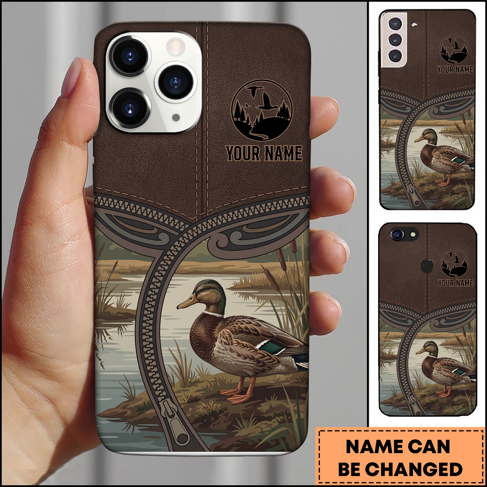 Blisscorners Artist Hunting Duck Zipper Leather Brown Vintage Personalized Name Phone Case