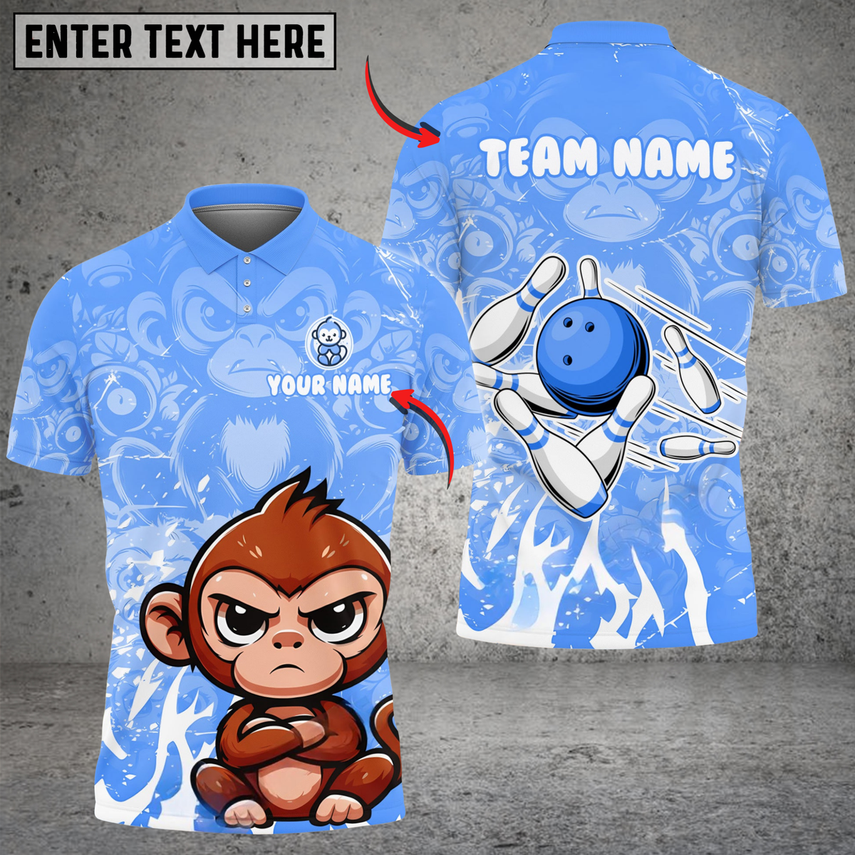 Blisscorners Bowling And Pins Cute Baby Monkey Customized Name, Team Name 3D Shirt