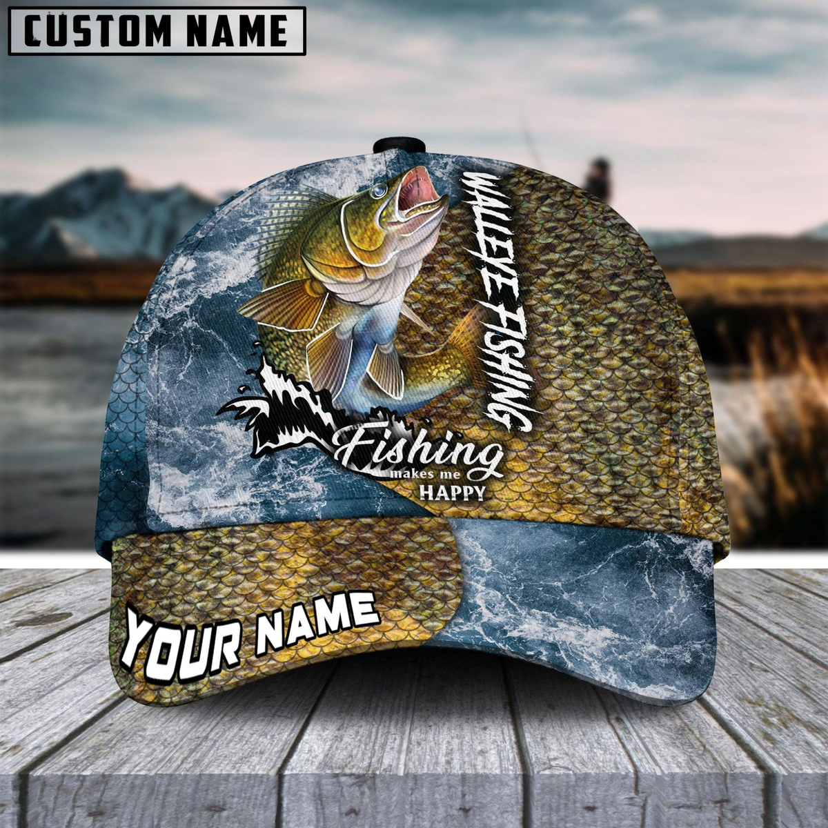 Blisscorners Walleye Fishing Skin Seawave Customized Name 3D Cap