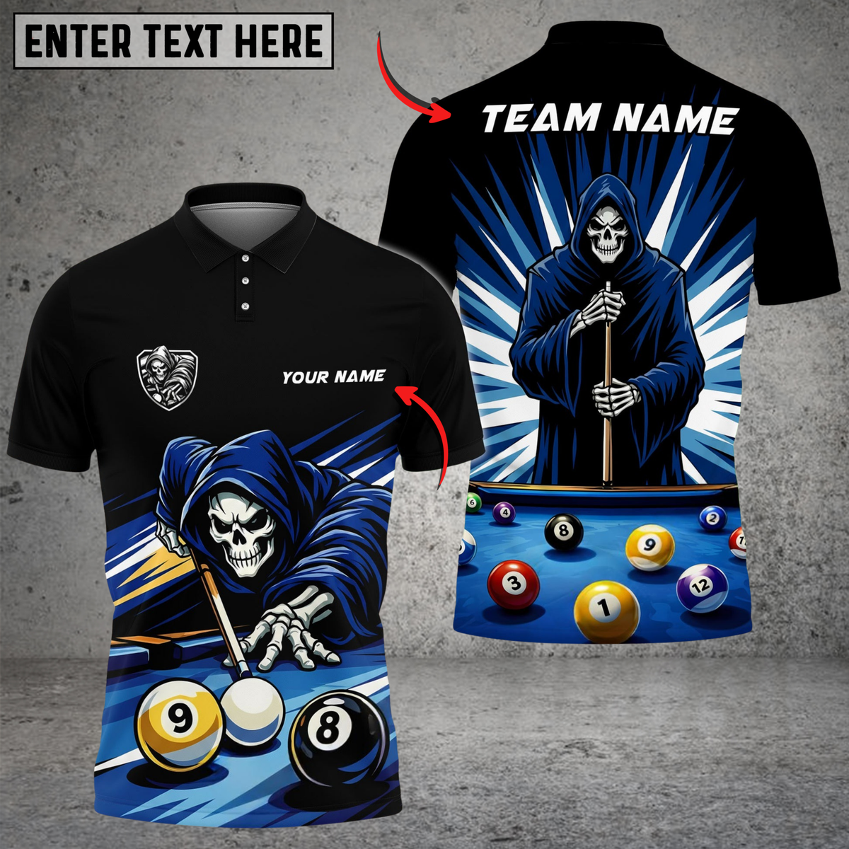 Blisscorners Billiards 8 Ball 9 Ball Reaper Cue Master Customized Name, Team Name 3D Shirt (6 Colors)