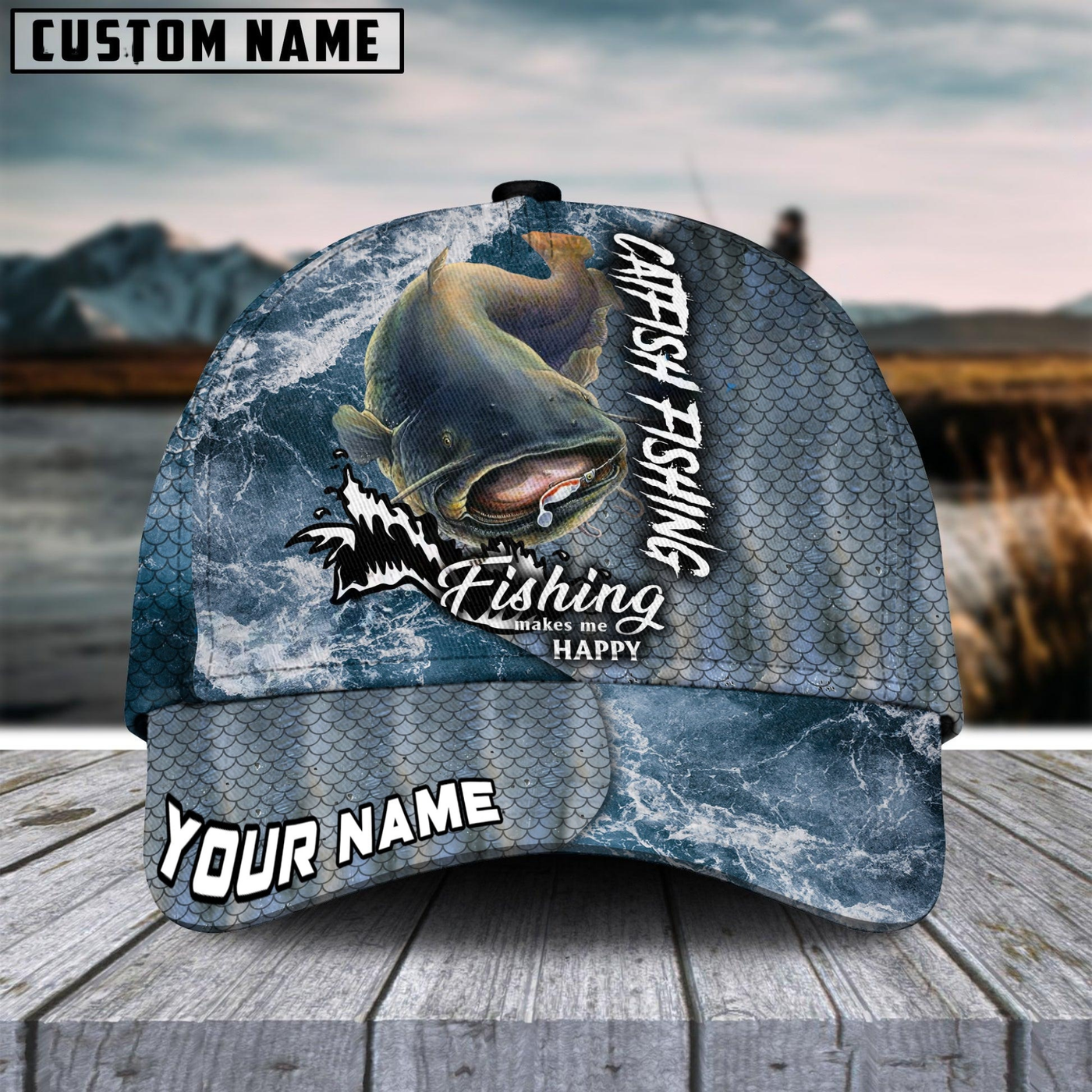 Blisscorners Catfish Fishing Skin Seawave Customized Name 3D Cap