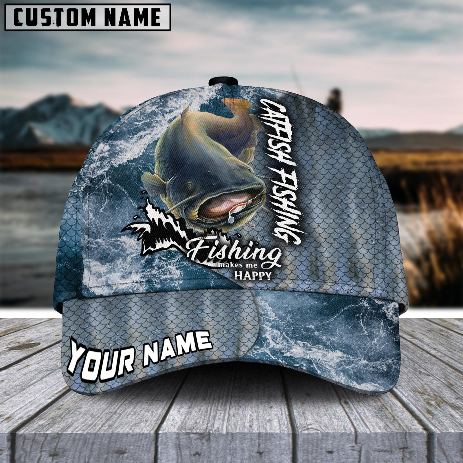 Blisscorners Catfish Fishing Skin Seawave Customized Name 3D Cap