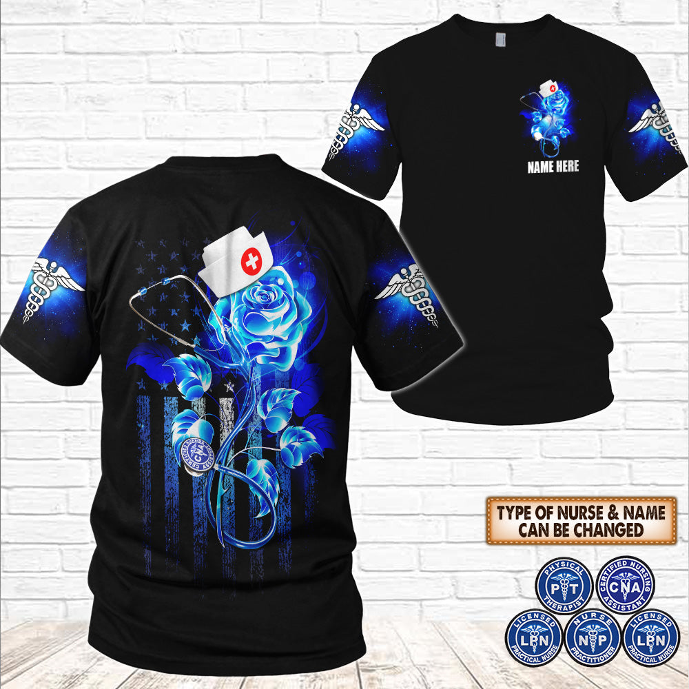 Blisscorners Personalized Shirt Nurse Burning Blue Rose 3D All All Over Print Shirts For Nurses