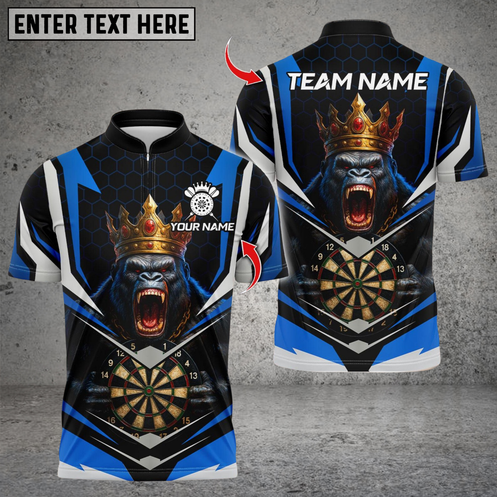 Blisscorners Darts Gorilla King Crown Multicolor Customized Name, Team Name 3D Shirts