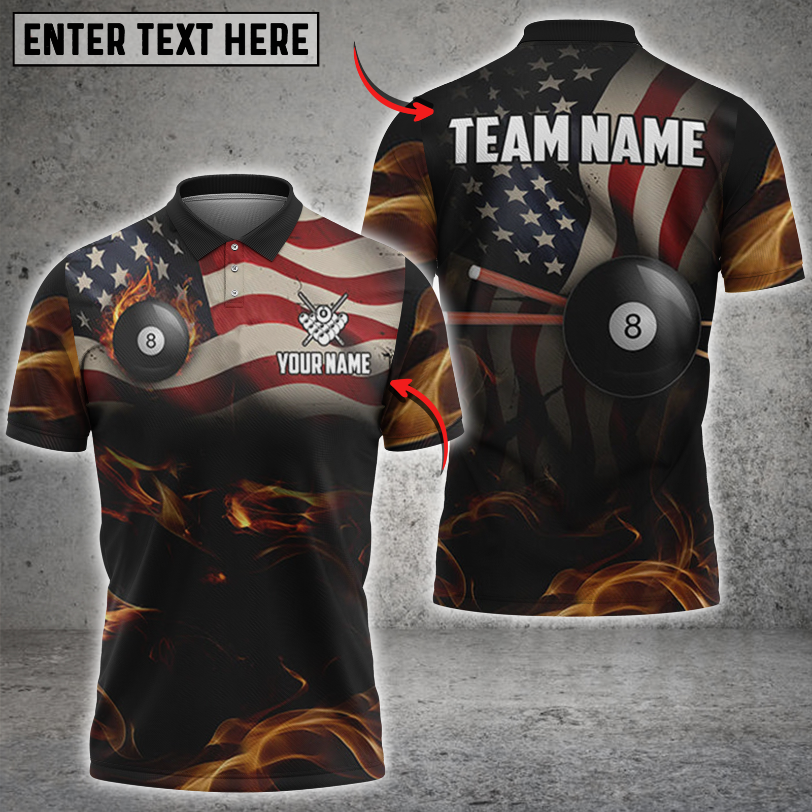 Blisscorners Billiards USA Flag with Flaming 8-Ball Personalized Name 3D Unisex Shirt