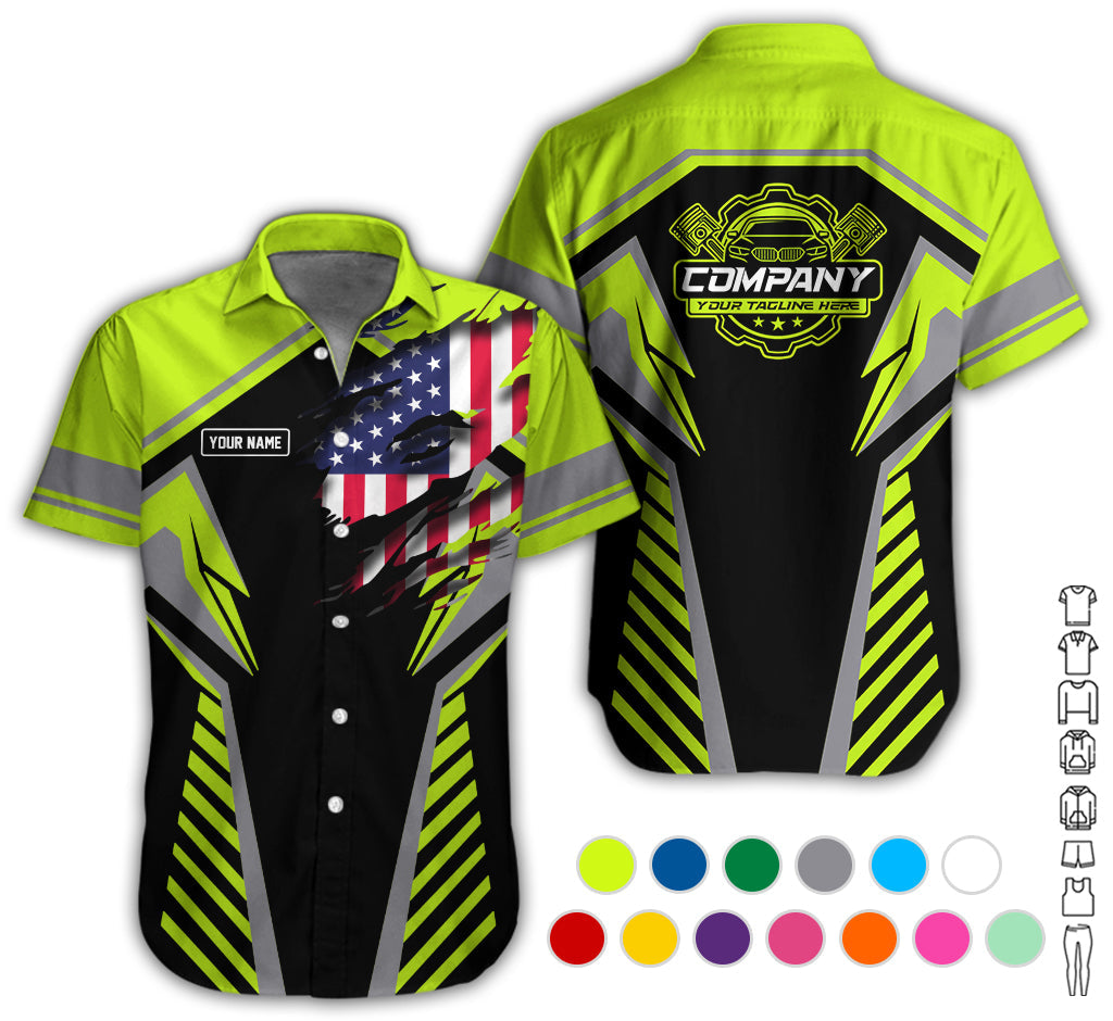 Blisscorners Personalized Diesel Mechanic Shirt, Yellow Green Garage Uniform, Gift for Car Guys &amp; Technicians, Size S to 5XL