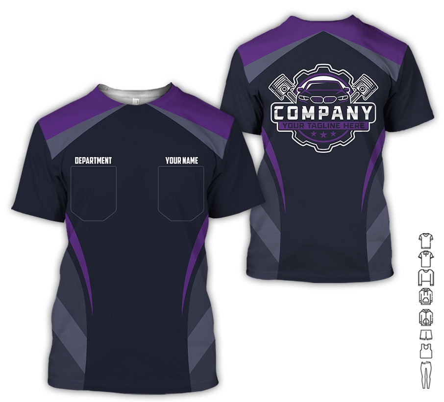 Blisscorners Custom Name Mechanic Shirt, Unisex Purple Crew Shirt for Automotive Workers, Perfect Gift for Him, 3D Printed Pocket Shirt