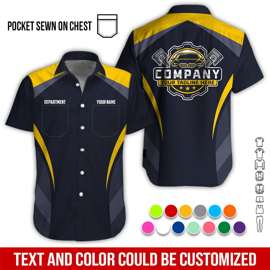 Blisscorners Custom Name Mechanic Shirt, Unisex Yellow Crew Shirt for Automotive Workers, Perfect Gift for Him, 3D Printed Pocket Shirt