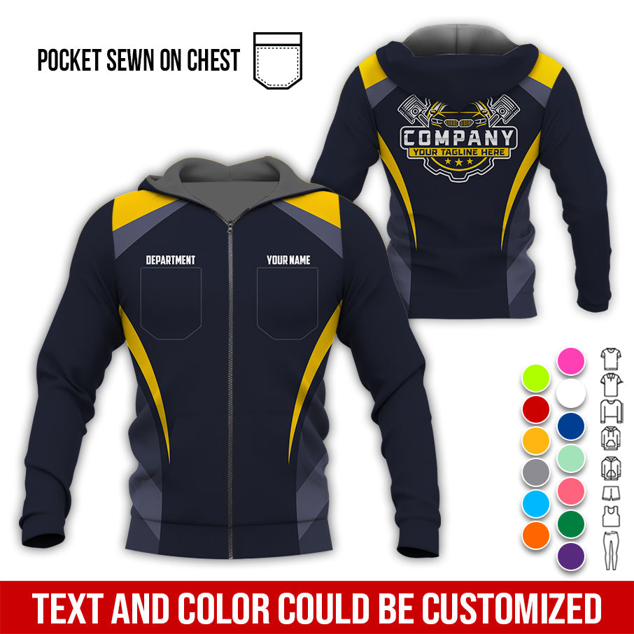 Blisscorners Custom Name Mechanic Shirt, Unisex Yellow Crew Shirt for Automotive Workers, Perfect Gift for Him, 3D Printed Pocket Shirt