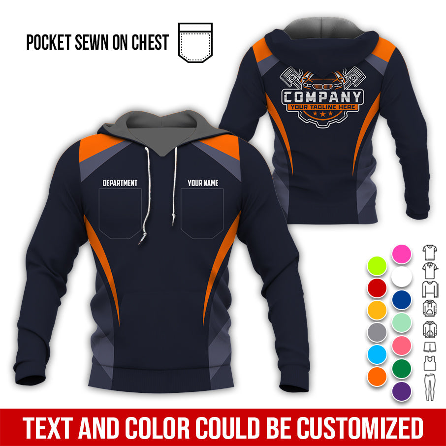 Blisscorners Custom Name Mechanic Shirt, Unisex Orange Crew Shirt for Automotive Workers, Perfect Gift for Him, 3D Printed Pocket Shirt