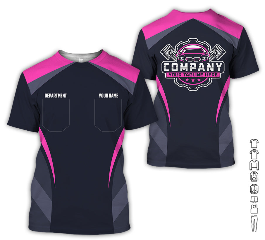 Blisscorners Custom Name Mechanic Shirt, Unisex Pink Crew Shirt for Automotive Workers, Perfect Gift for Him, 3D Printed Pocket Shirt