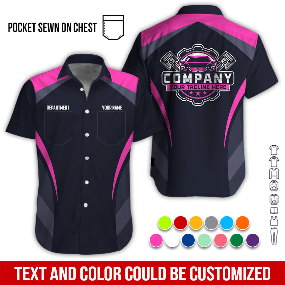 Blisscorners Custom Name Mechanic Shirt, Unisex Pink Crew Shirt for Automotive Workers, Perfect Gift for Him, 3D Printed Pocket Shirt