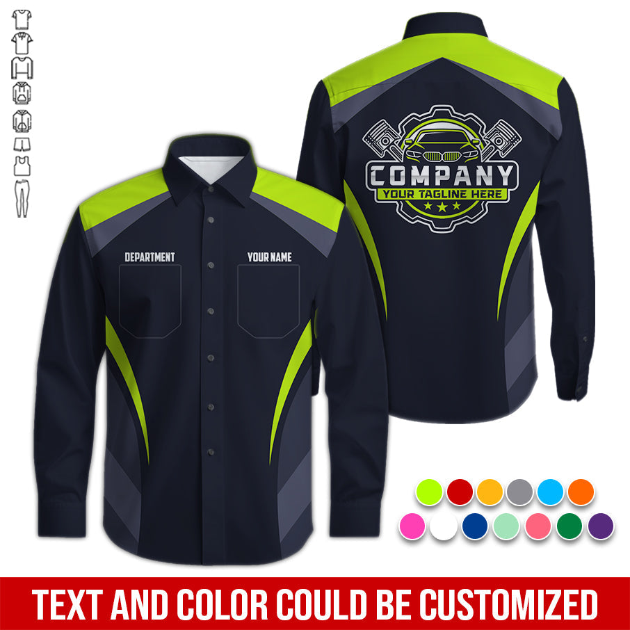 Blisscorners Custom Name Mechanic Shirt, Unisex Yellow Green Crew Shirt for Automotive Workers, Perfect Gift for Him, Printed Poket Shirt