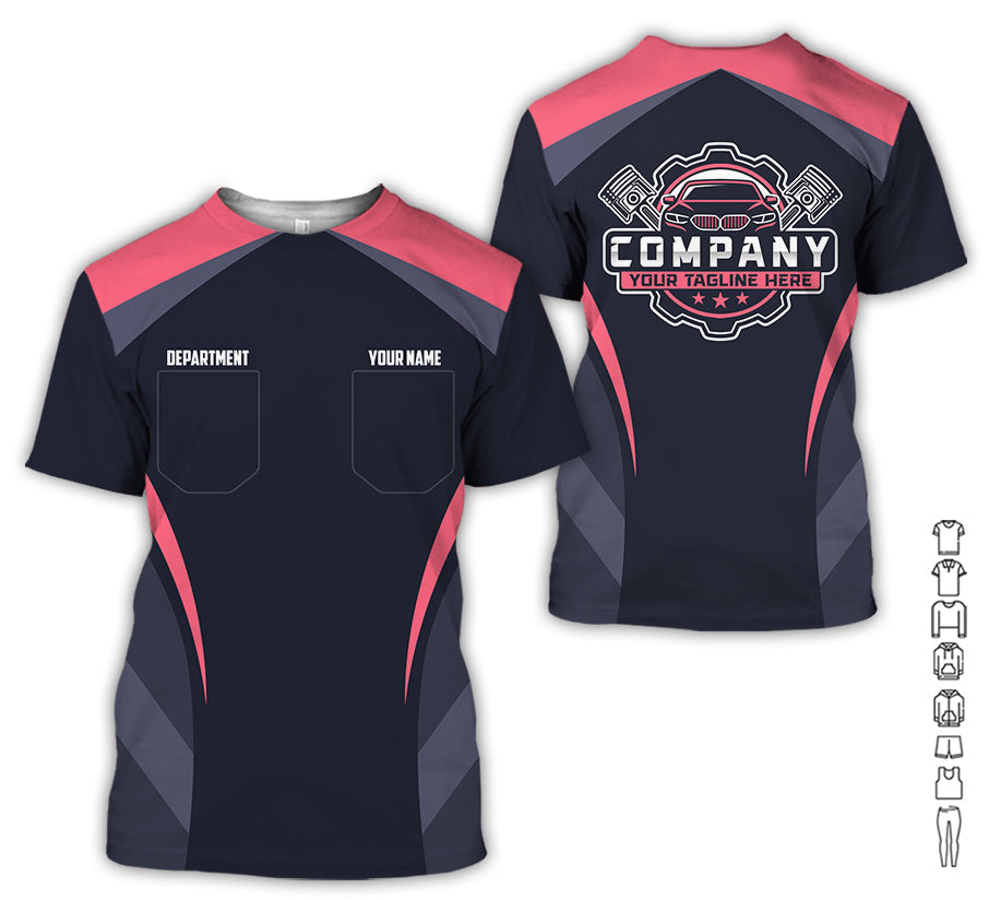 Blisscorners Custom Name Mechanic Shirt, Unisex Neon Pink Crew Shirt for Automotive Workers, Perfect Gift for Him, 3D Printed Pocket Shirt