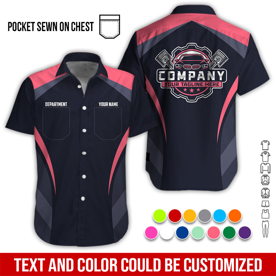 Blisscorners Custom Name Mechanic Shirt, Unisex Neon Pink Crew Shirt for Automotive Workers, Perfect Gift for Him, 3D Printed Pocket Shirt