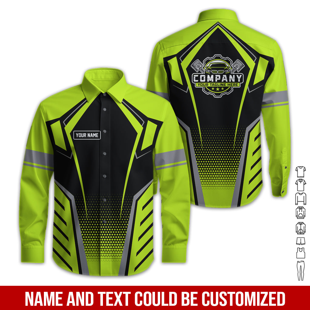 Blisscorners Personalized Garage Uniform in Classic Yellow Green, Mechanic Work Shirt for Men and Women, Perfect for Birthday or Husband, or Boyfriend