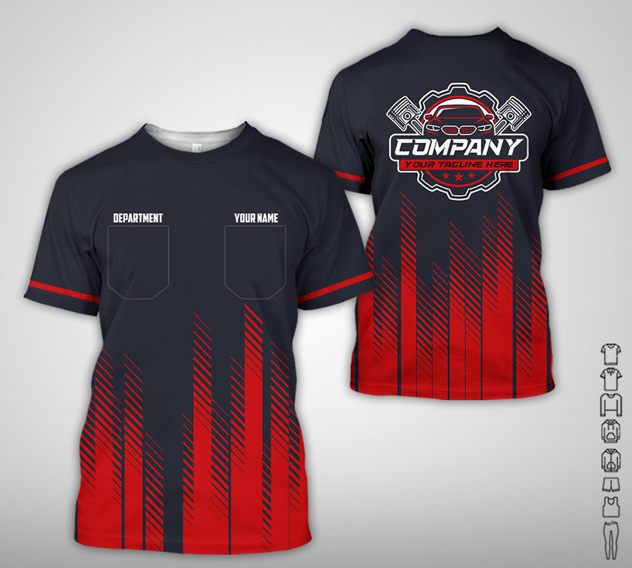 Blisscorners Personalized Mechanic Shirt in Red, 3D Printed Pocket Mechanic Shirt, Custom Name Work Shirt for Car Repair Technicians, Great Gift for Men