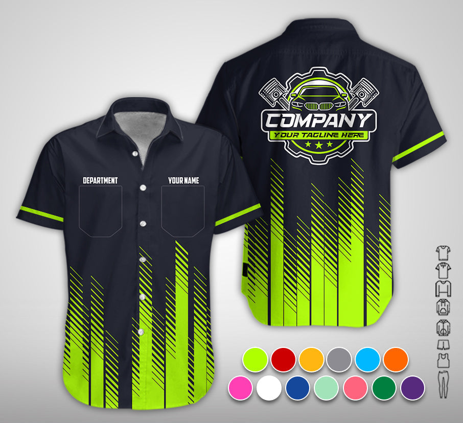 Blisscorners Personalized Mechanic Shirt in Yellow Green, 3D Printed Pocket Mechanic Shirt, Custom Name Work Shirt for Car Repair Technicians, Great Gift for Men
