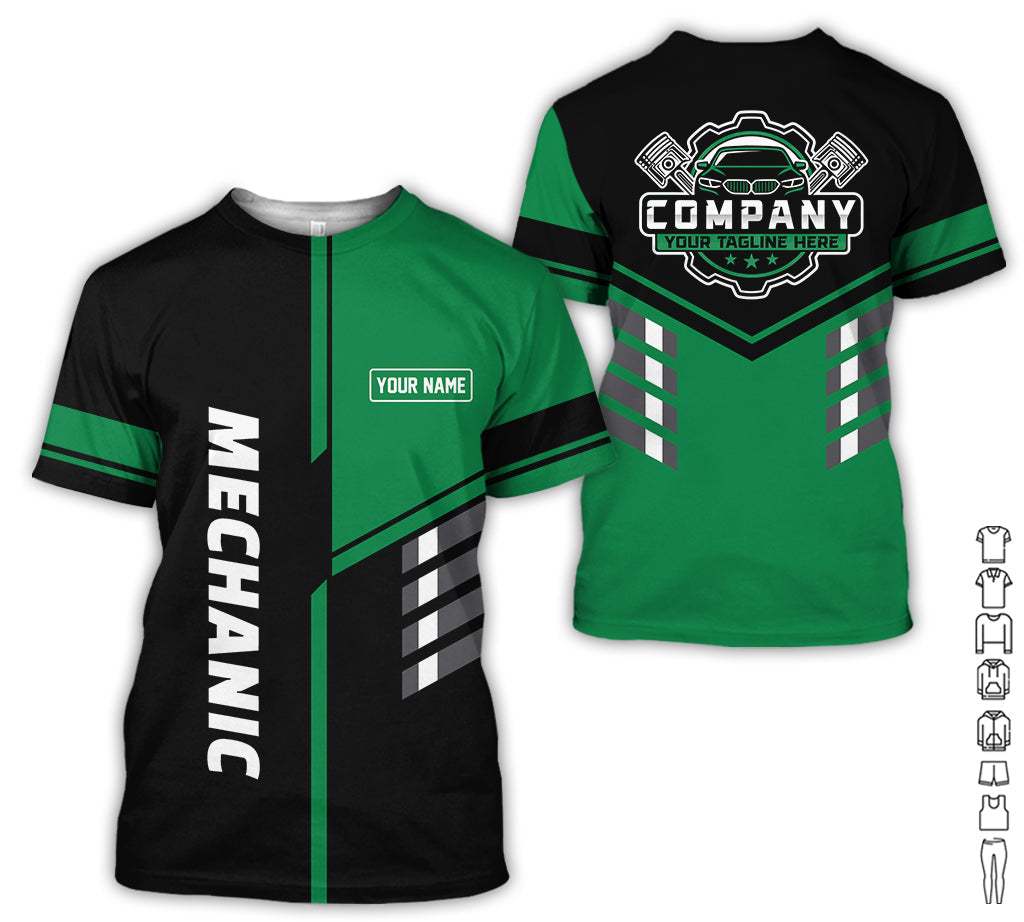 Blisscorners Personalized Work Shirt for Mechanics, Green 3D Printed Uniform for Men, Perfect Gift for Car Lovers and Garage Workers
