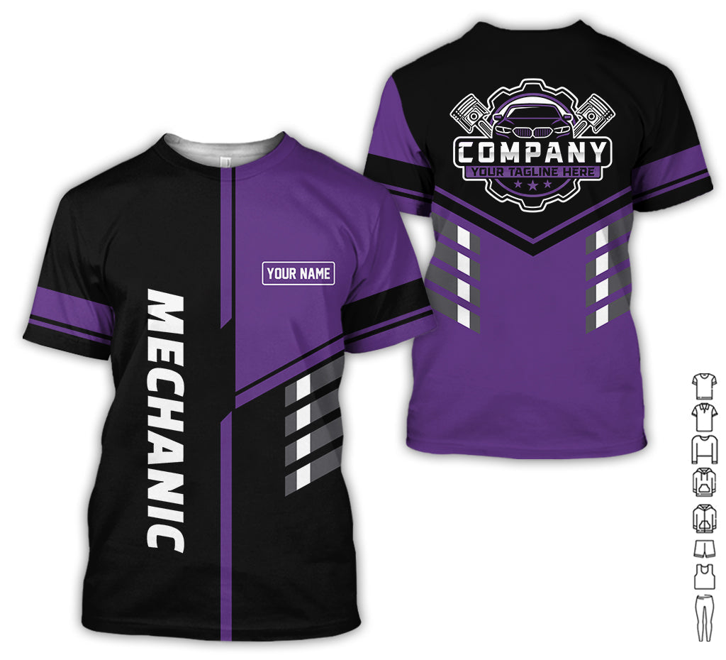 Blisscorners Personalized Work Shirt for Mechanics, Purple 3D Printed Uniform for Men, Perfect Gift for Car Lovers and Garage Workers