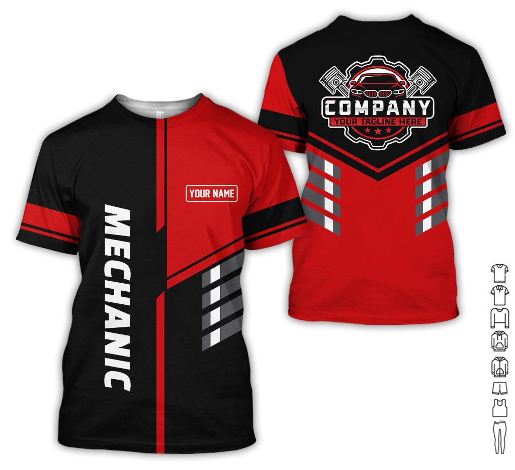Blisscorners Personalized Work Shirt for Mechanics, Red 3D Printed Uniform for Men, Perfect Gift for Car Lovers and Garage Workers
