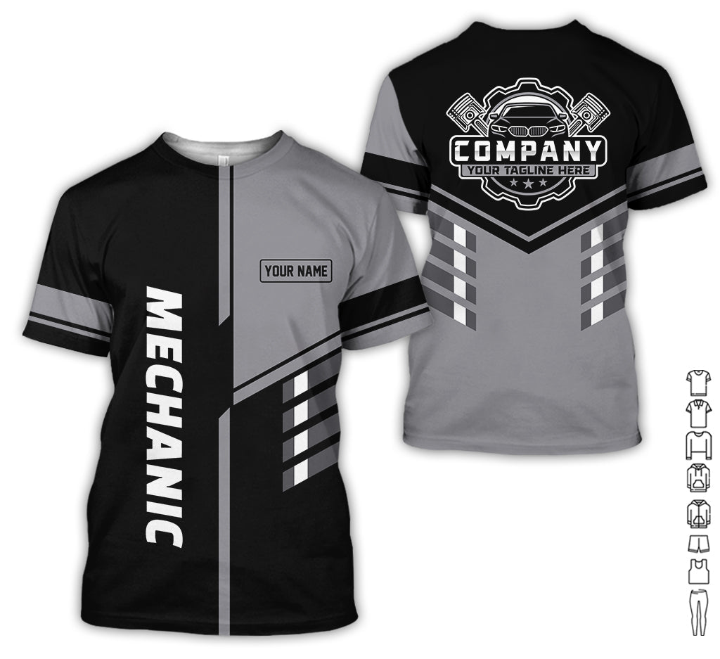 Blisscorners Personalized Work Shirt for Mechanics, Grey 3D Printed Uniform for Men, Perfect Gift for Car Lovers and Garage Workers